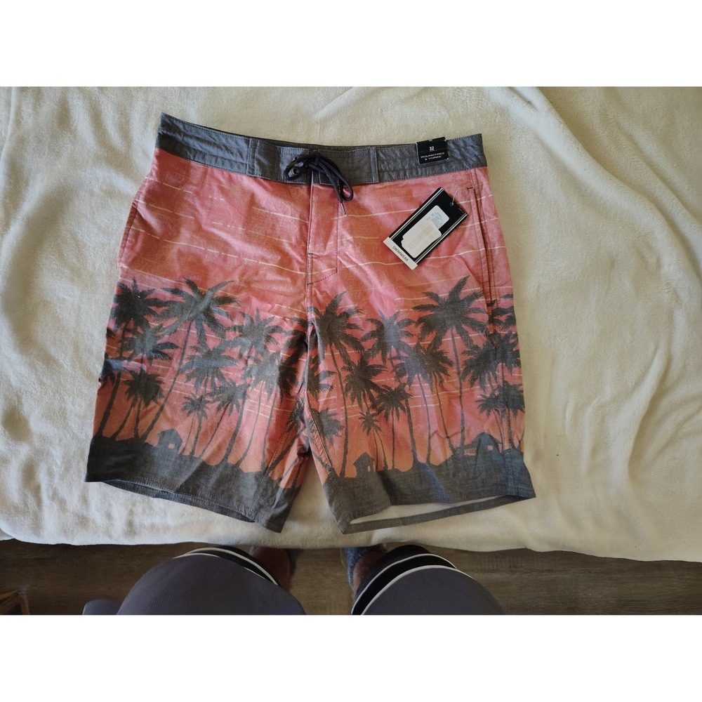 Roundtree & Yorke Mens 32 Board Shorts Orange Palm Tree‎ Tropical Swim Trunks